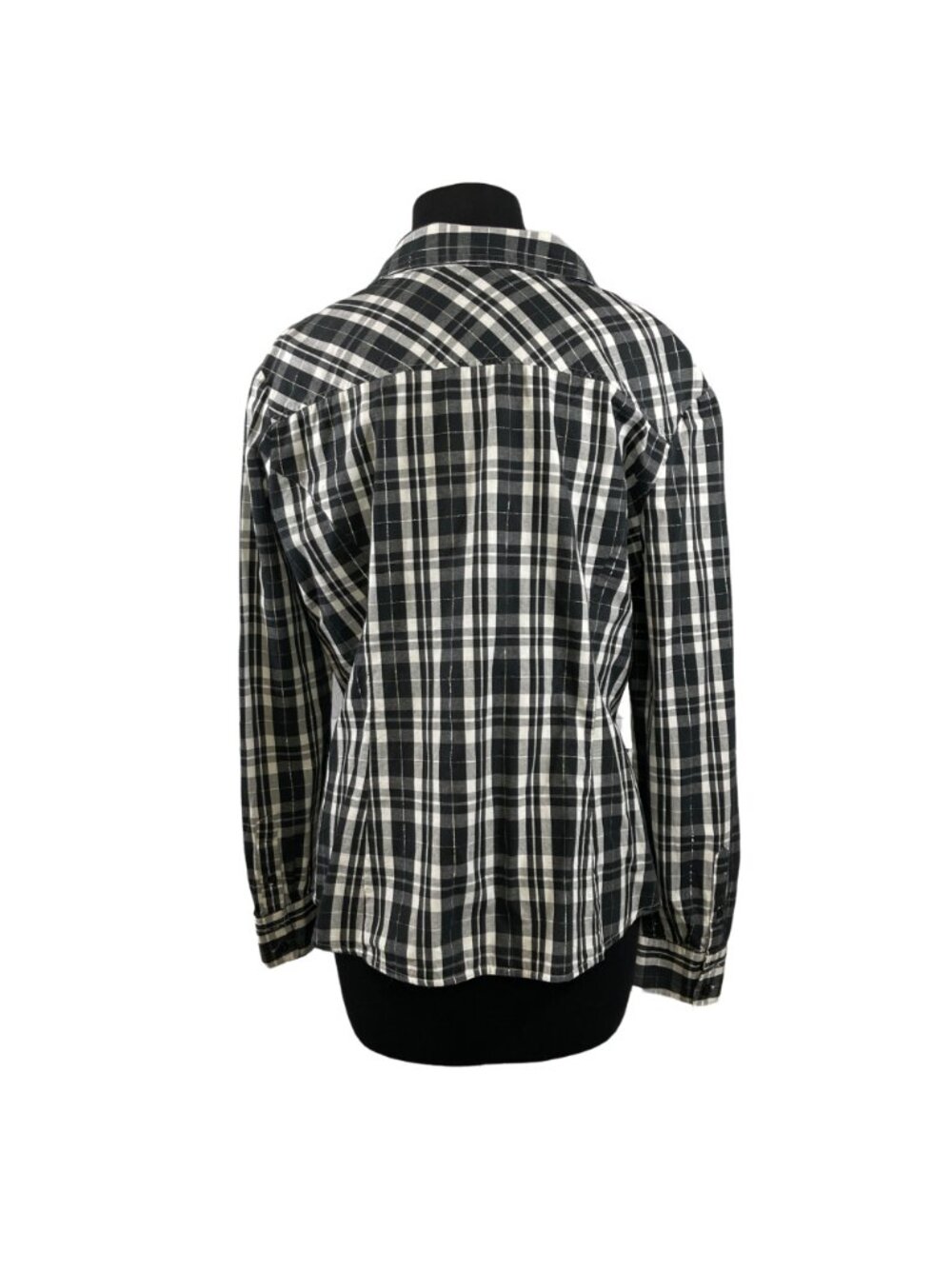 New York & Company Womens Plaid Button-Up Black/White L Cotton Ruffle Accent - Picture 3 of 5